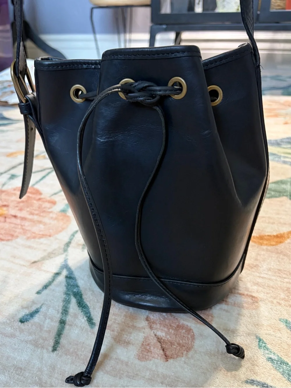Sezane Mini Farrow Classic Black Leather Drawstring Bucket Bag Crossbody